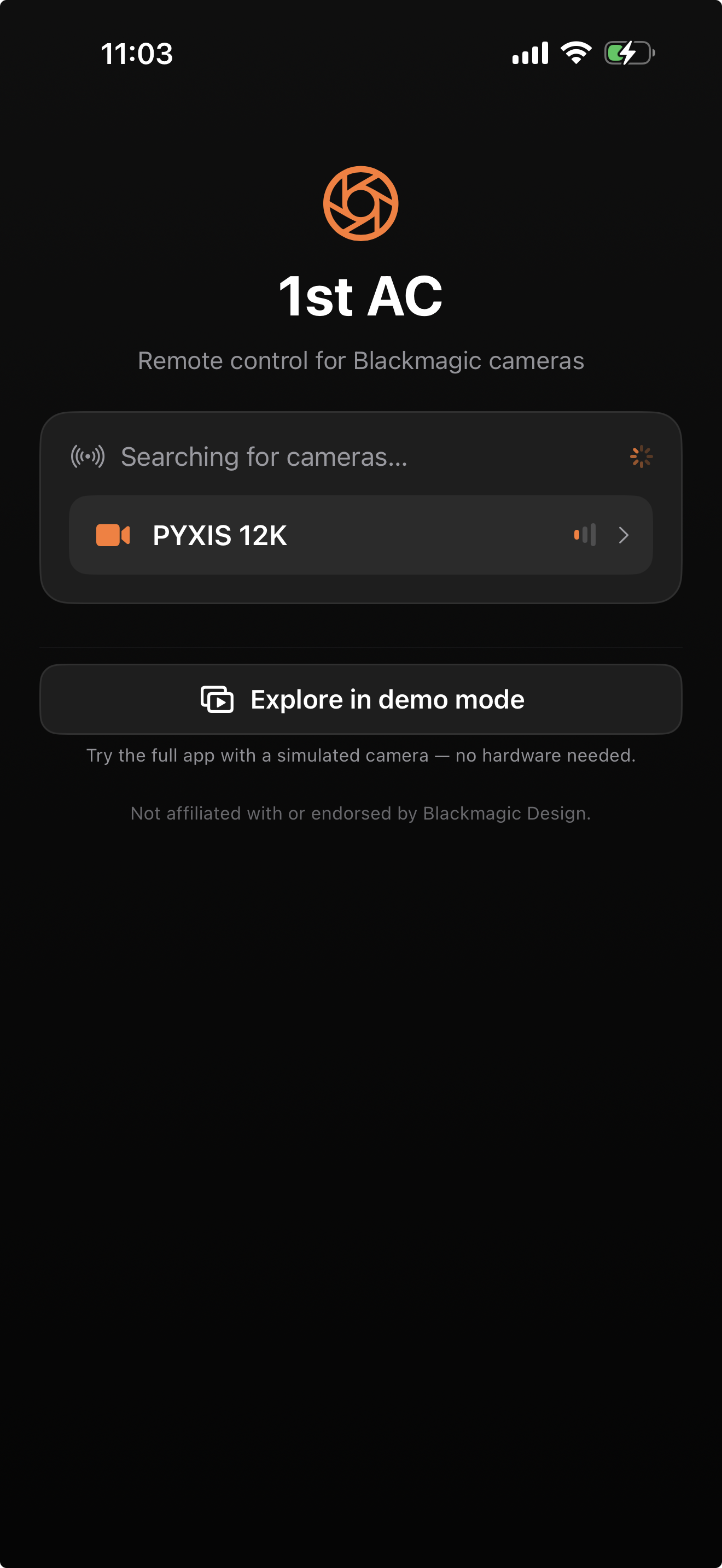 Bluetooth connection screen listing nearby Blackmagic cameras
