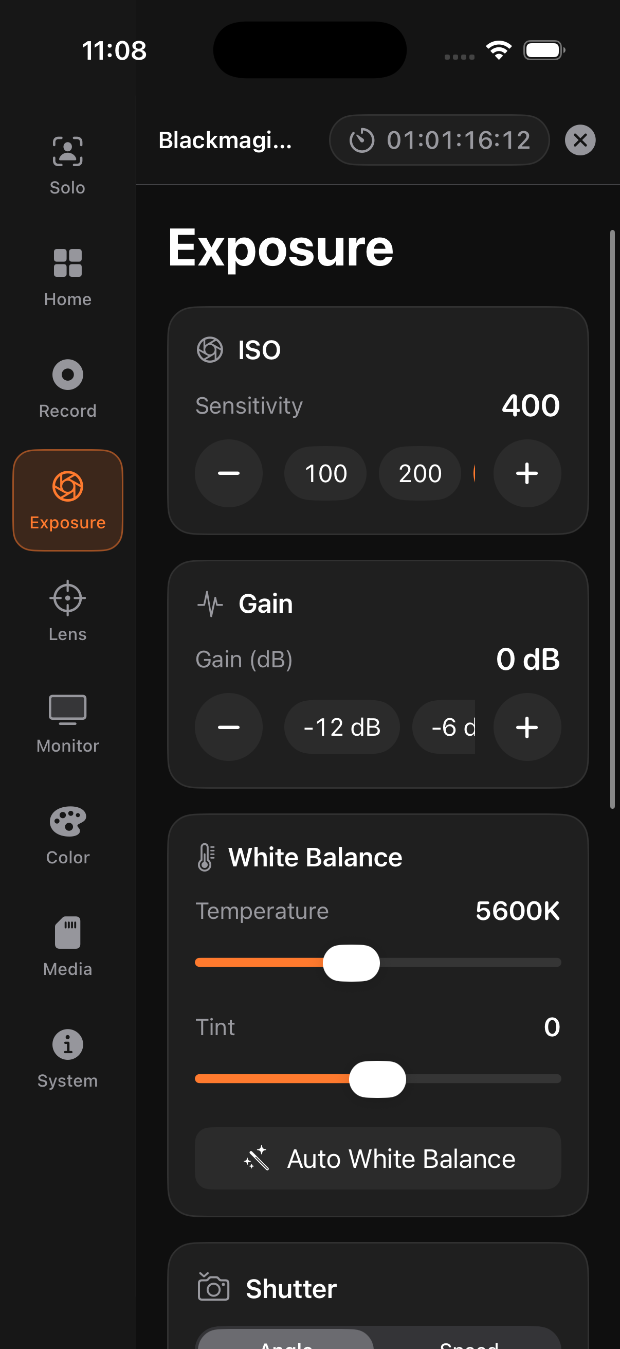 Exposure screen with ISO, gain and white balance controls