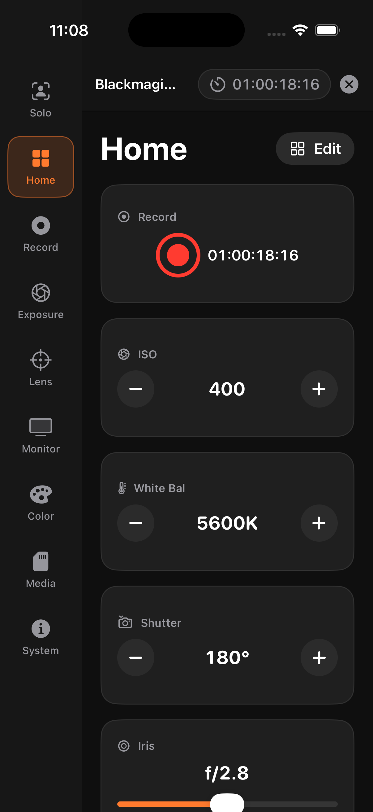 Home dashboard with record, ISO, white balance and shutter tiles