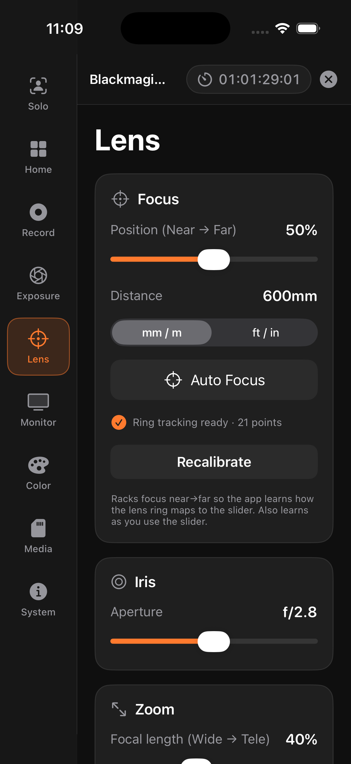 Lens screen with focus position, distance, iris and zoom