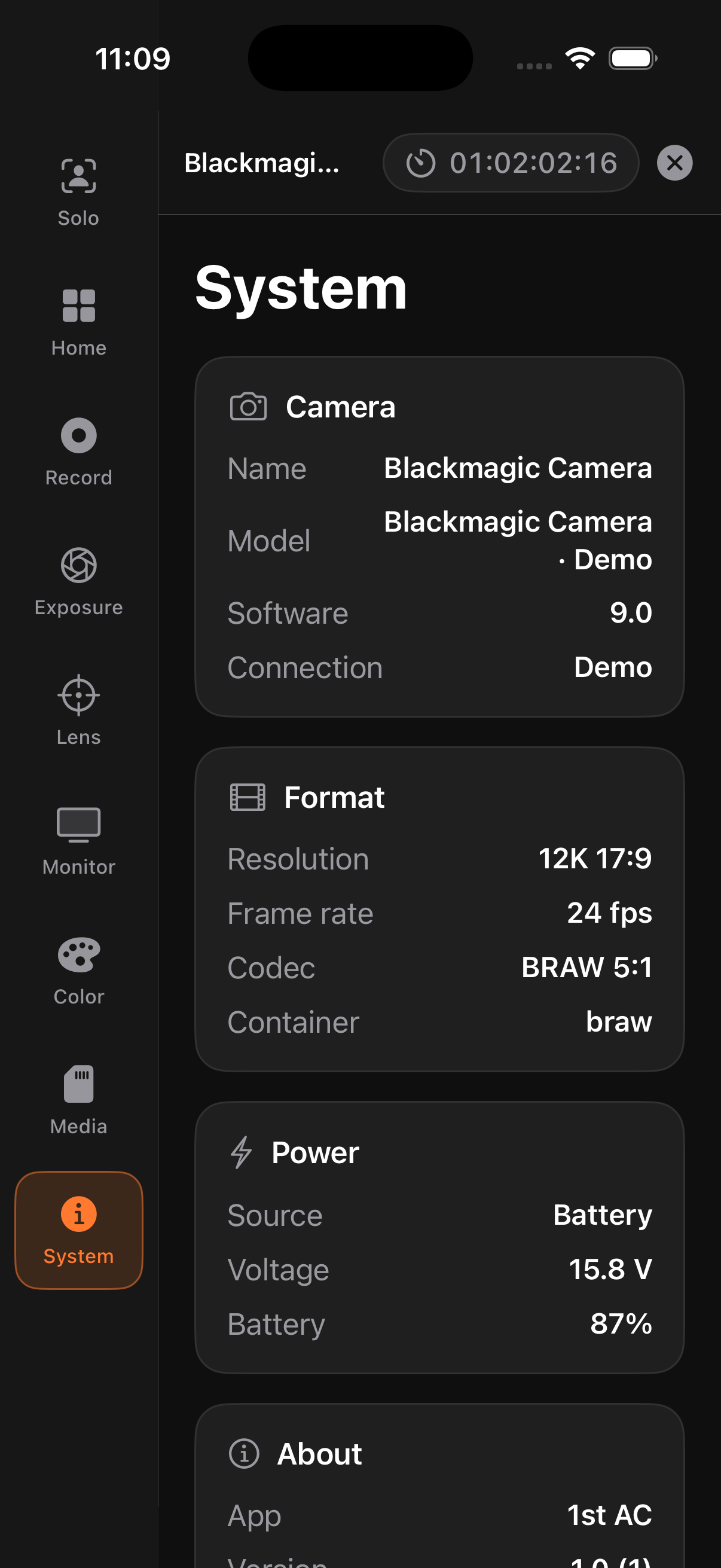 System screen showing camera, format and power information
